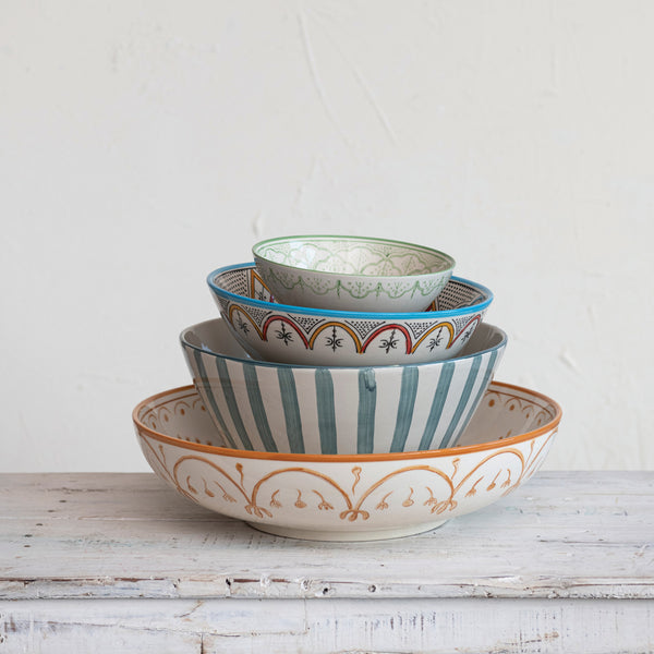 Hand-Painted Stoneware Serving Bowl w/ Stripes, Reactive Glaze