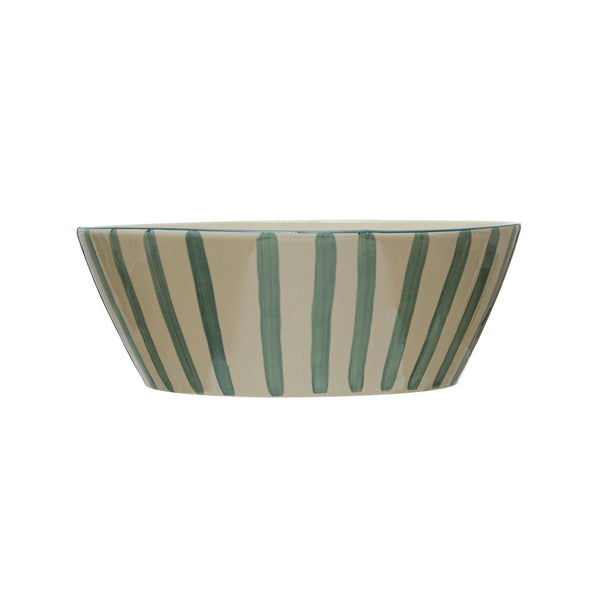 Hand-Painted Stoneware Serving Bowl w/ Stripes, Reactive Glaze