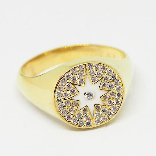 Tai Gold vermeil signet ring with white enamel starburst center