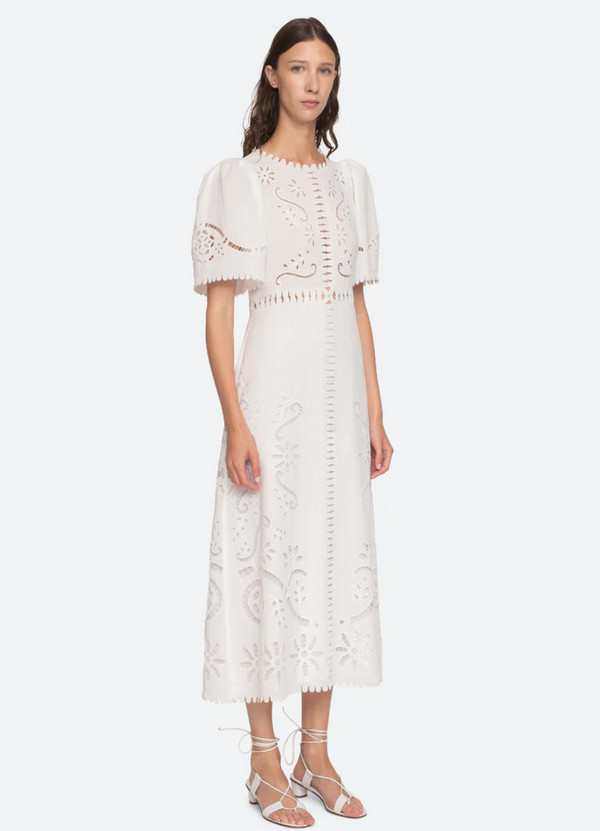 Sea NY Liat Embroidery Short Sleeve Dress White