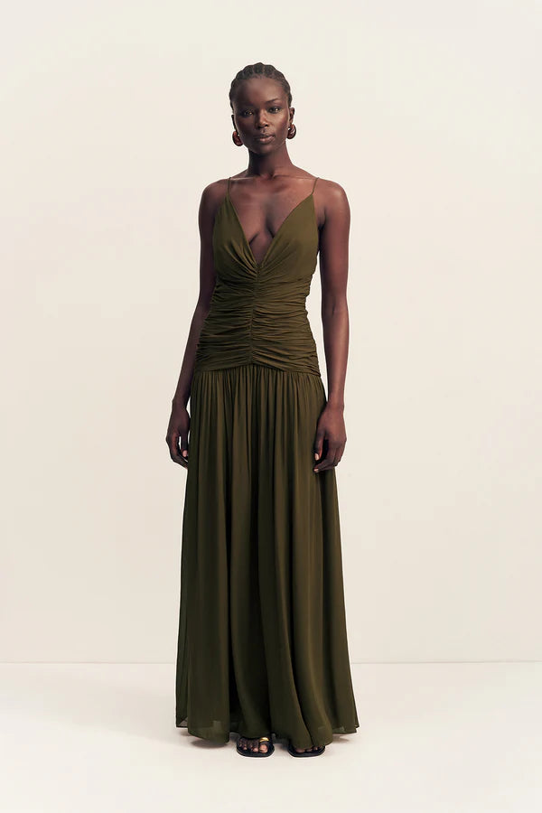 shona joy green silk dress La Lune High Neck Balloon Sleeve Maxi Dress | Forest | Dresses