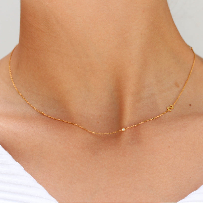 Tai Gold simple chain initial necklace with three CZ