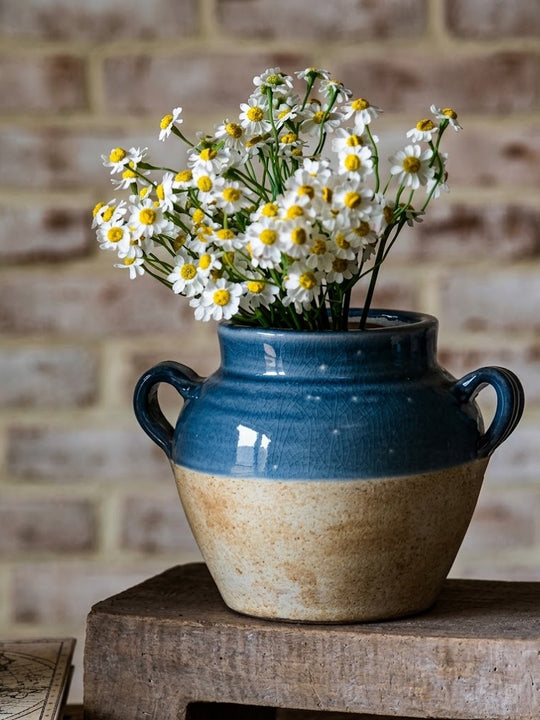 PD Home + Garden Terra Cotta Vase - Blue/Natural Glaze