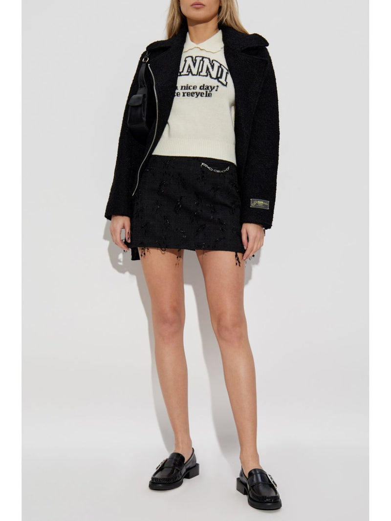 Ganni Fringed Tweed Mini Skirt Black