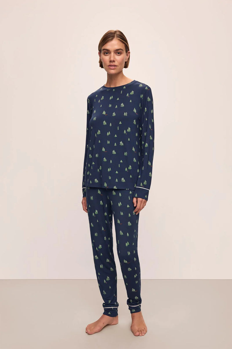 Eberjey Gisele Printed LS Crew Pj Set Woodland Pine NAVY/IVORY