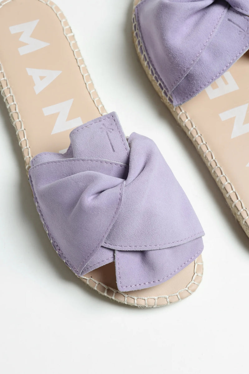 Manebi sandals with knot wisteria lilac soft suede; hamptons