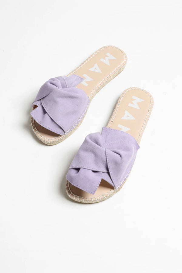 Manebi sandals with knot wisteria lilac soft suede; hamptons