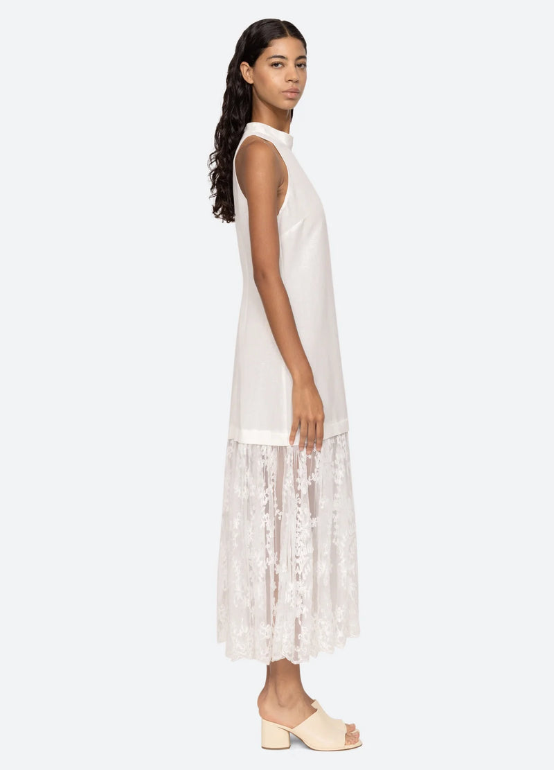 Sea NY Marja Embroidery Mesh Combo Tank Dress Pearl