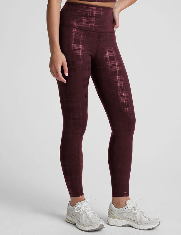 Beyond Yoga High Waisted Midi Legging Plaid Foil Burgundy