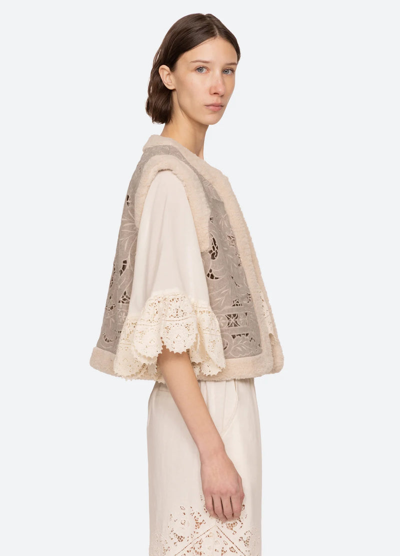 Sea NY Ceci Embroidery Felt Vest Oatmeal