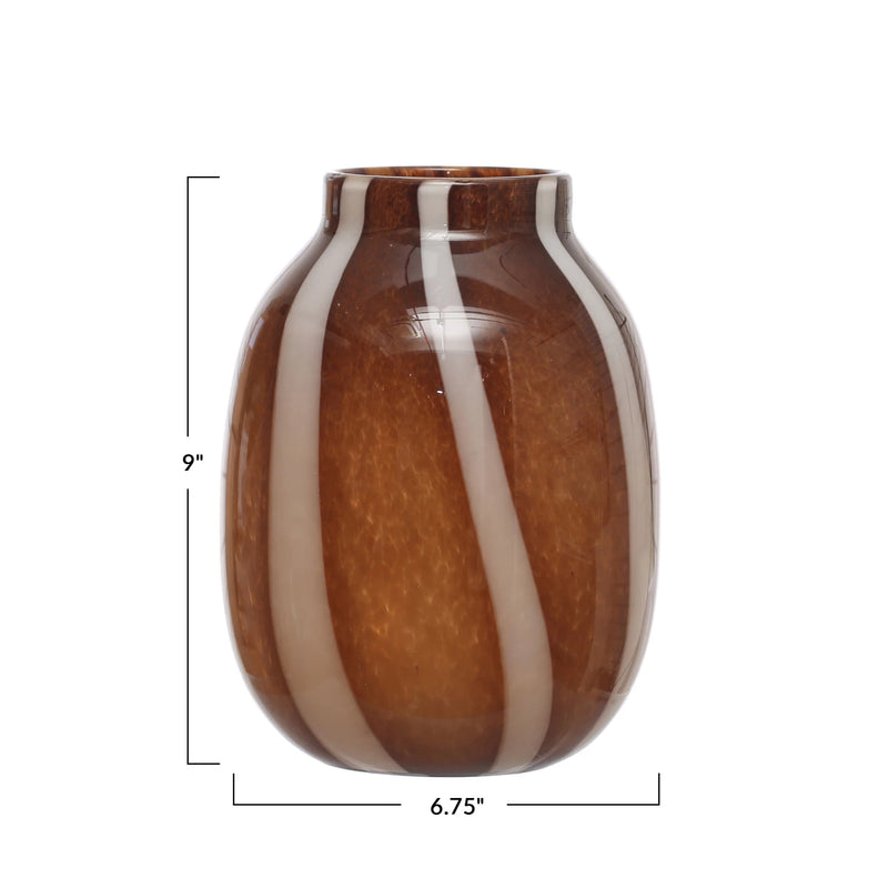6-3/4" Round x 9"H Glass Vase w/ Stripes, Brown & White