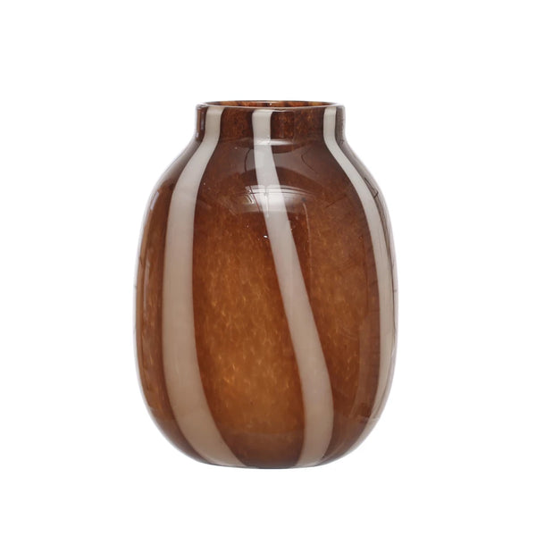 6-3/4" Round x 9"H Glass Vase w/ Stripes, Brown & White