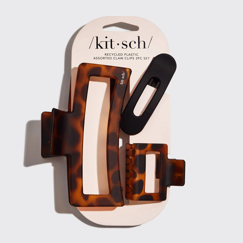 Kit.Sch Recycled Plastic Open Shape Assorted Claw Clips 3pc Set - Black and Tort
