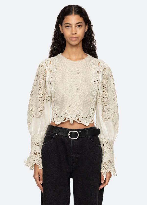 Sea NY Vania Lace Combo Slv Sweater Cream