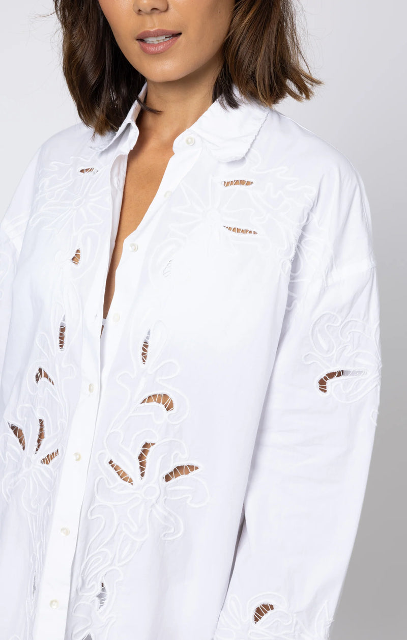 Juliet Dunn Poplin Shirt w/ Cut-Out Embroidery White