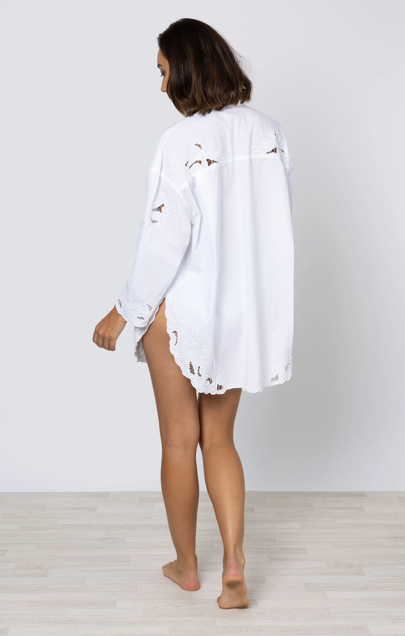 Juliet Dunn Poplin Shirt w/ Cut-Out Embroidery White