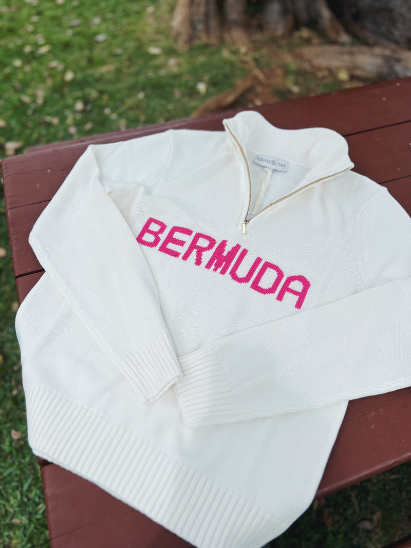 Bermuda Sweater Quarter Zip Ivory/Hot Pink
