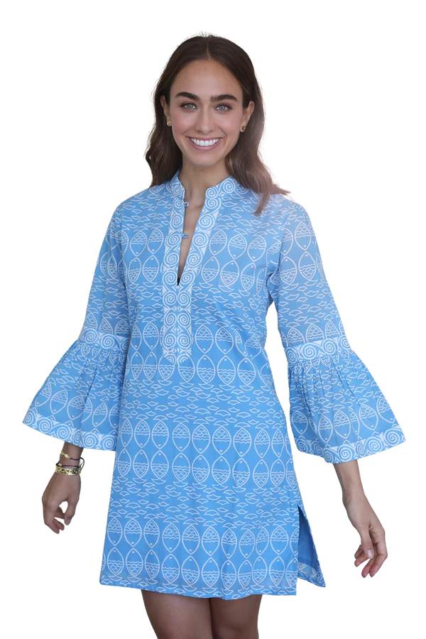 ASHA Fernanda Fish Mini Kaftan In Blue W/ White Block Print - Cotton Voile