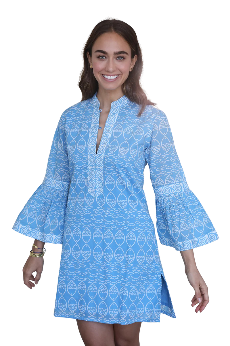 ASHA Fernanda Fish Mini Kaftan In Blue W/ White Block Print - Cotton Voile