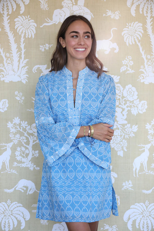 ASHA Fernanda Fish Mini Kaftan In Blue W/ White Block Print - Cotton Voile