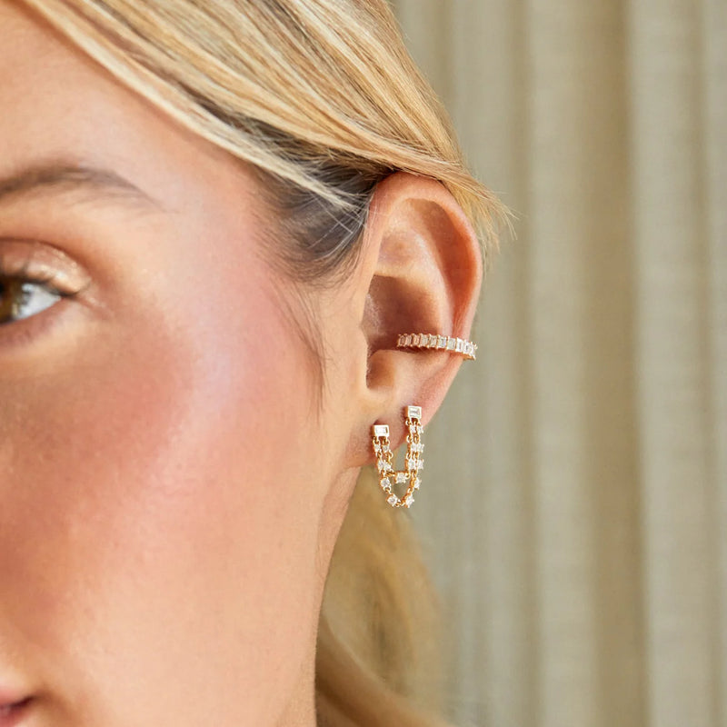 EF Collection Single Baguette Double Diamond Chain Stud Earring