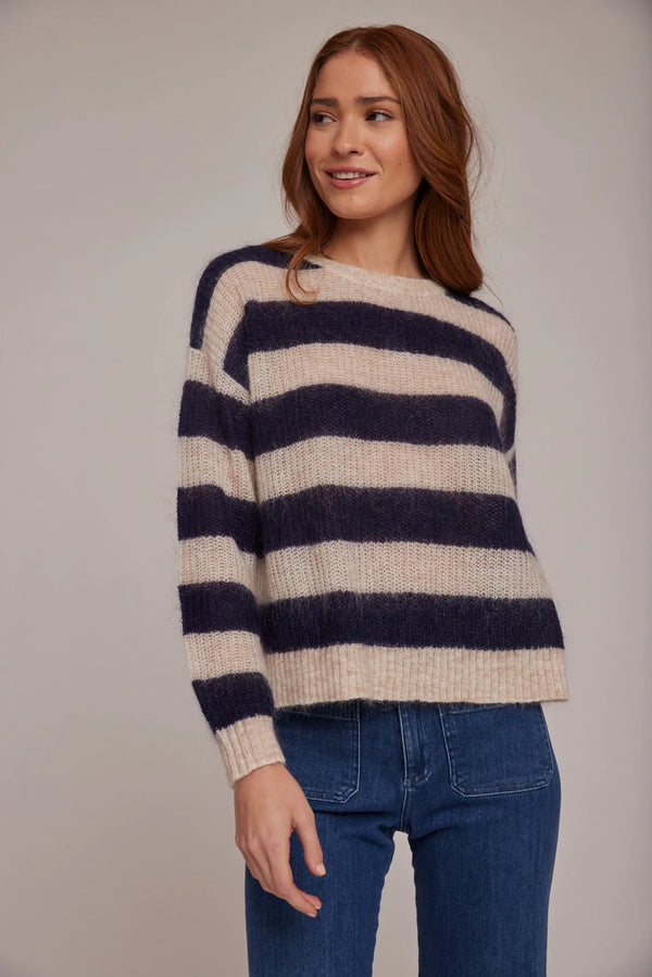 Bella Dahl Crew Neck Relaxed Sweater Navy Stripes