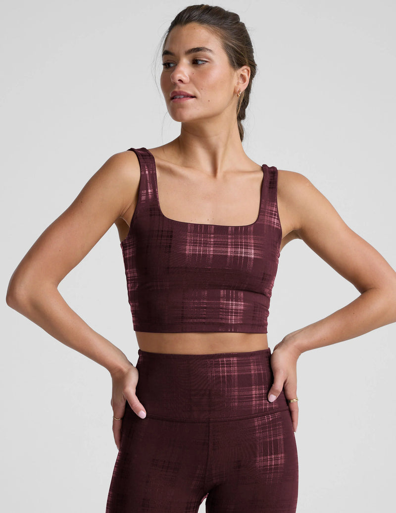 Beyond Yoga Beyond The Studio High Cropped Tank Plaid Foil Burgundy
