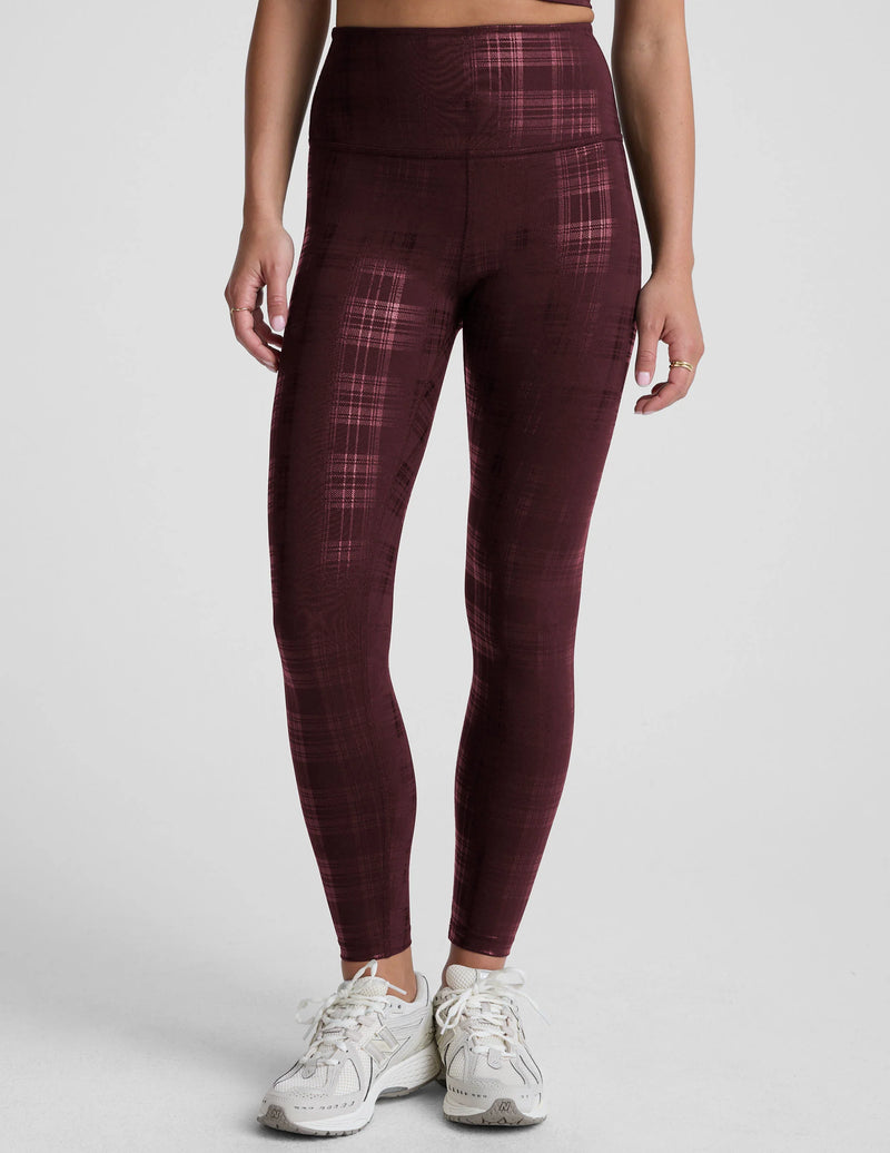 Beyond Yoga High Waisted Midi Legging Plaid Foil Burgundy