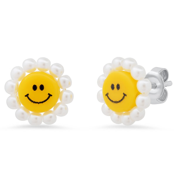 Tai Yellow smiley face bead with white faux pearl bead; Sized: 12mm.