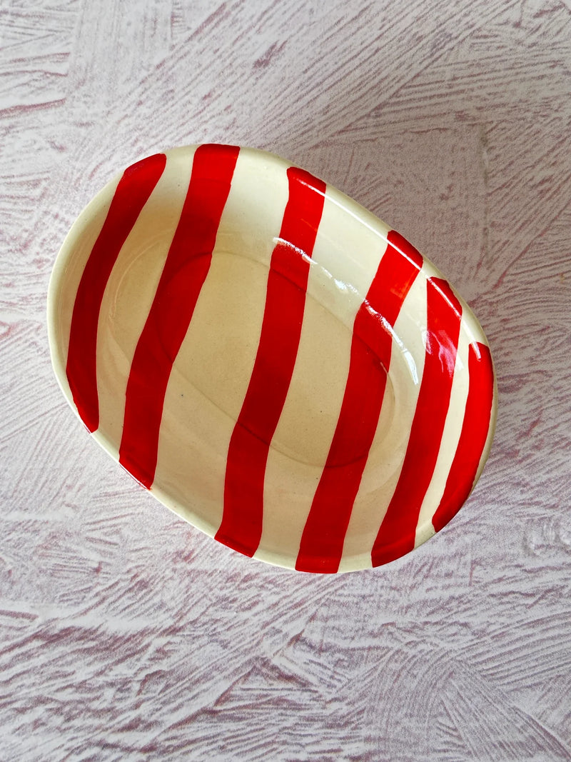 Casa Amarosa Ceramic stripe Bowl, Red 7x5x2 Inches