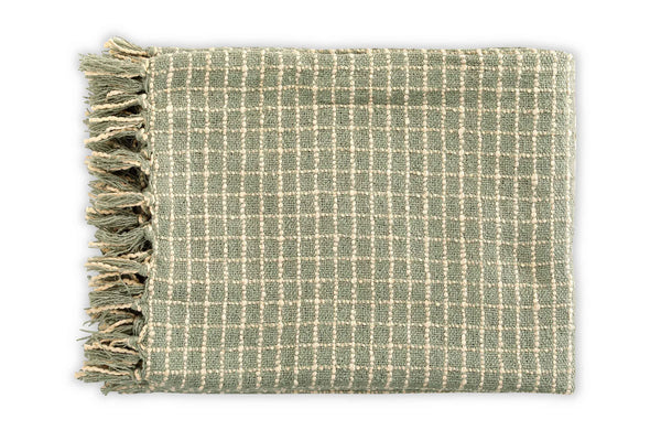 Casa Amarosa Cotton Boucle Small Checkered Throw Blanket - Sage Ivory