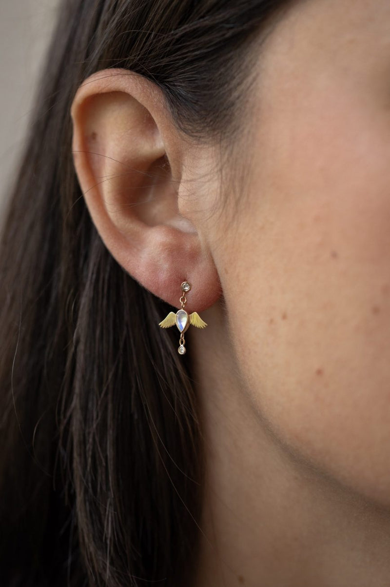 Celine Daoust Pear Moonstone bird & Diamonds Earring