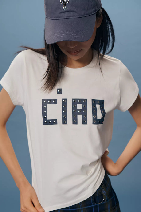 Clare V. Classic Tee - Block Ciao w/ Studs - Cream