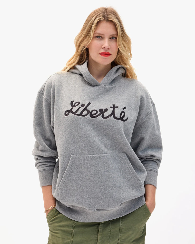 Clare V. Hoodie Sweatshirt - Embroidered Liberte - Grey Melange
