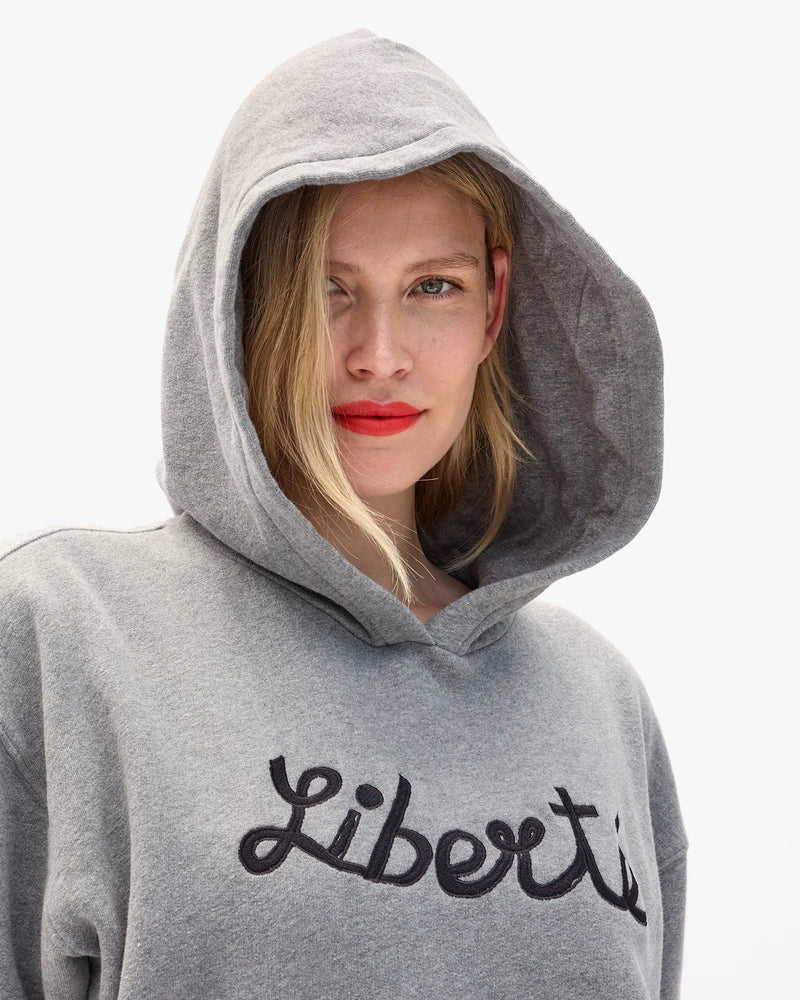 Clare V. Hoodie Sweatshirt - Embroidered Liberte - Grey Melange