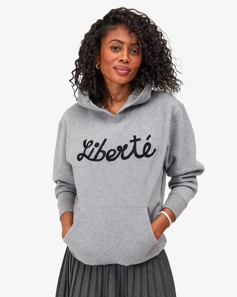 Clare V. Hoodie Sweatshirt - Embroidered Liberte - Grey Melange