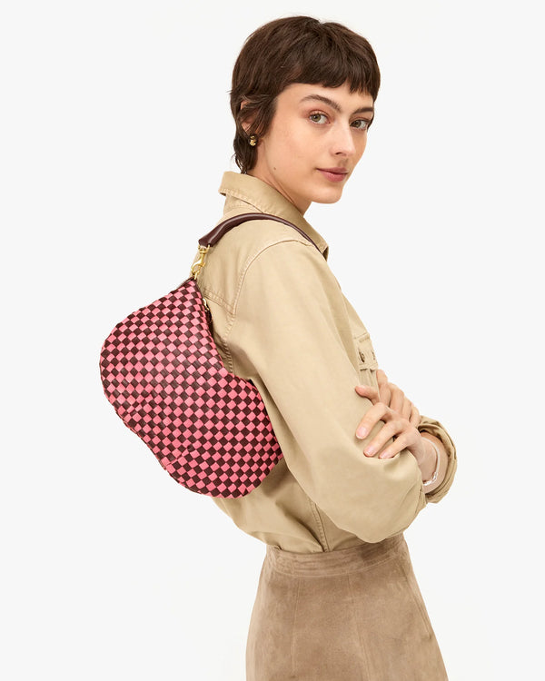 Clare V. Petit Moyen Messenger - Woven Checker - Raisin/Petal
