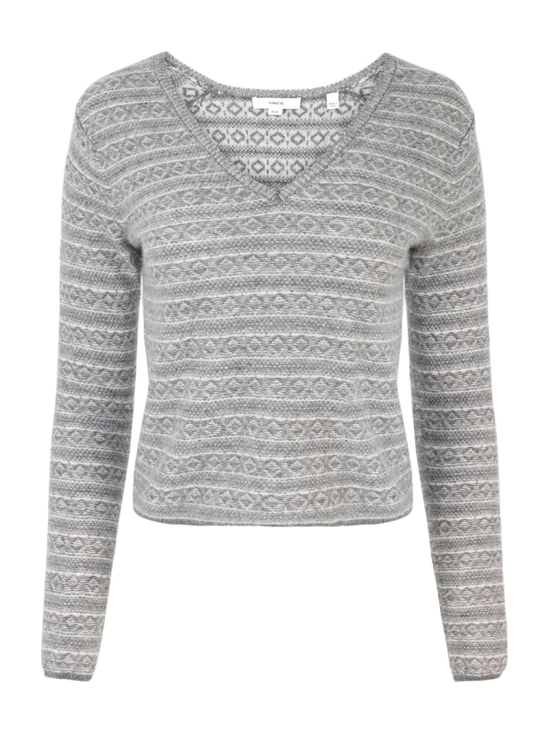 Vince Fair Isle V Neck Medium Heather Grey Combo