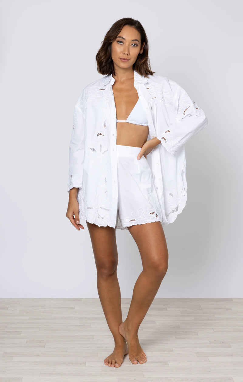 Juliet Dunn Poplin Shirt w/ Cut-Out Embroidery White