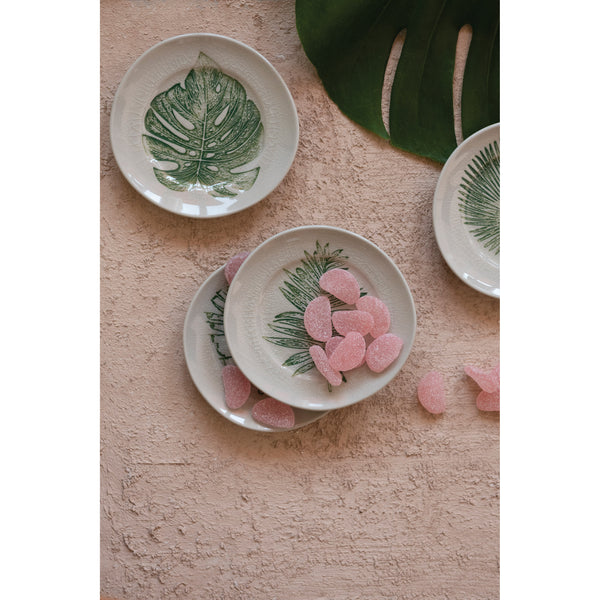 Stoneware Plate with Debossed Leaf, Reactive Crackle Glaze