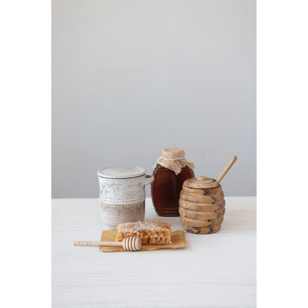 Teakwood Honey Jar with Wood Honey Dipper, Set of 2