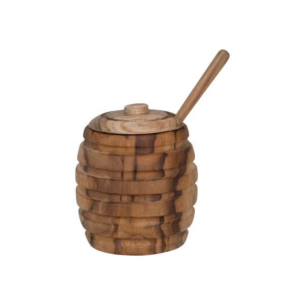 Teakwood Honey Jar with Wood Honey Dipper, Set of 2