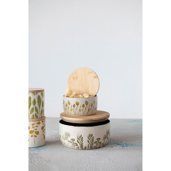 Stoneware Canister with Bamboo Lid and Debossed Floral Pattern, Reactive Glaze