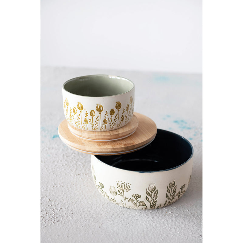 Stoneware Canister with Bamboo Lid and Debossed Floral Pattern, Reactive Glaze