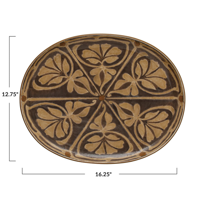 Oval Hand-Painted Stoneware Platter w/ Pattern