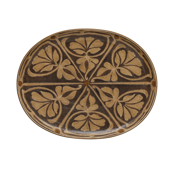 Oval Hand-Painted Stoneware Platter w/ Pattern