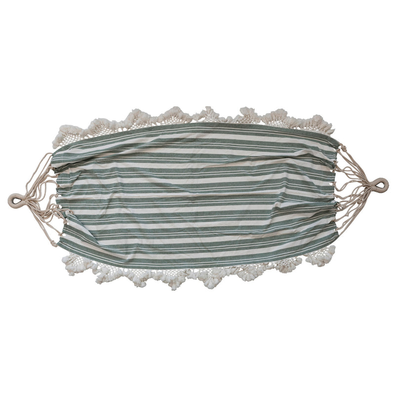 Cotton Hammock w/ Stripes, Tassels & Crochet, Green & White