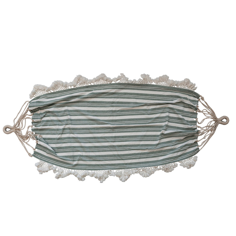 Cotton Hammock w/ Stripes, Tassels & Crochet, Green & White
