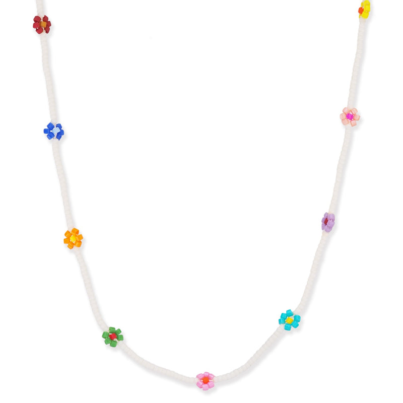 Tai Ivory Janpanese bead with mixed color mini daisy flower knotted necklace - lobster closure with extention