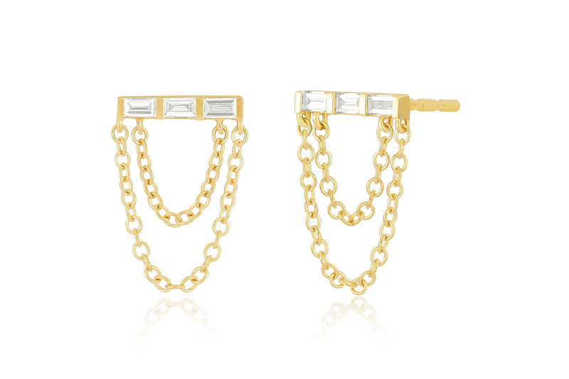 EF Collection Diamond Baguette Bar Chain Stud Earrings
